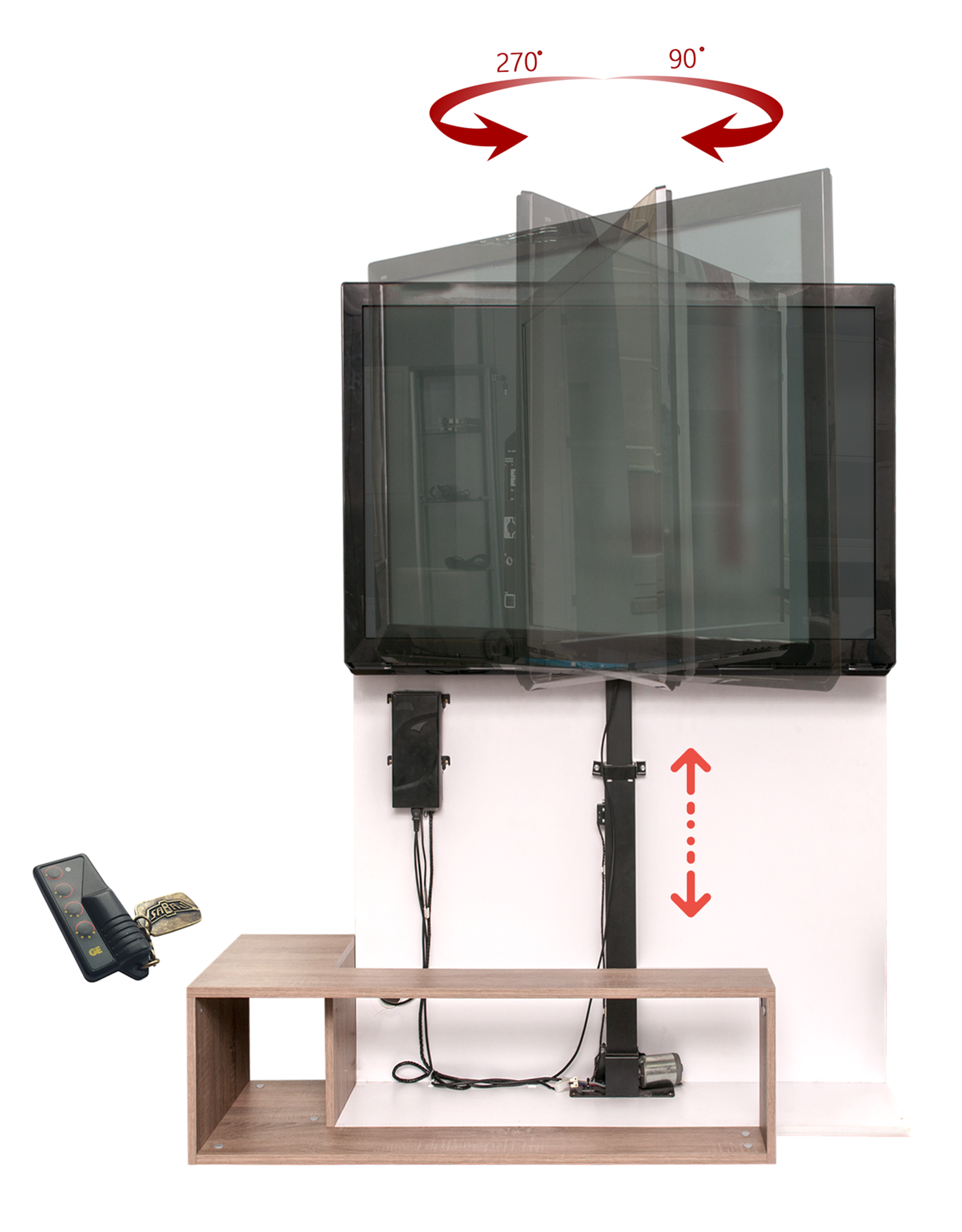 An piece of furniture with panels removed demonstrating how a TV lift is positioned in a cabinet with motion arrows