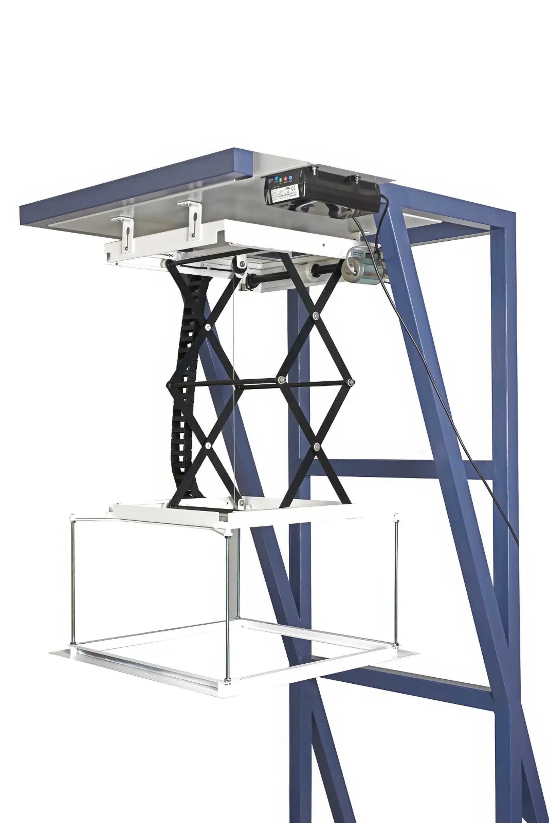 A motorised mechanism that can lower a projector mounted to a test rig