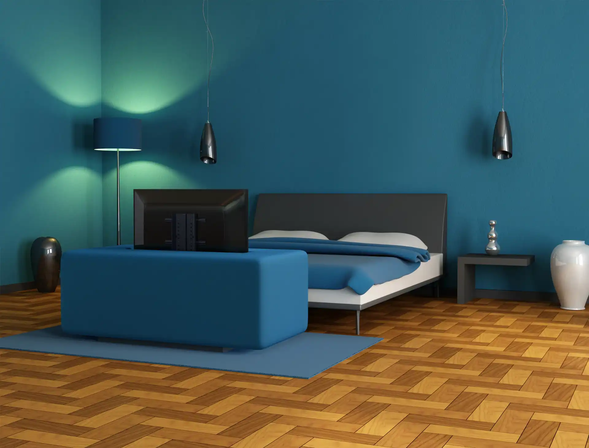 A 3D render of a bedroom with a bed end TV lift raising a TV