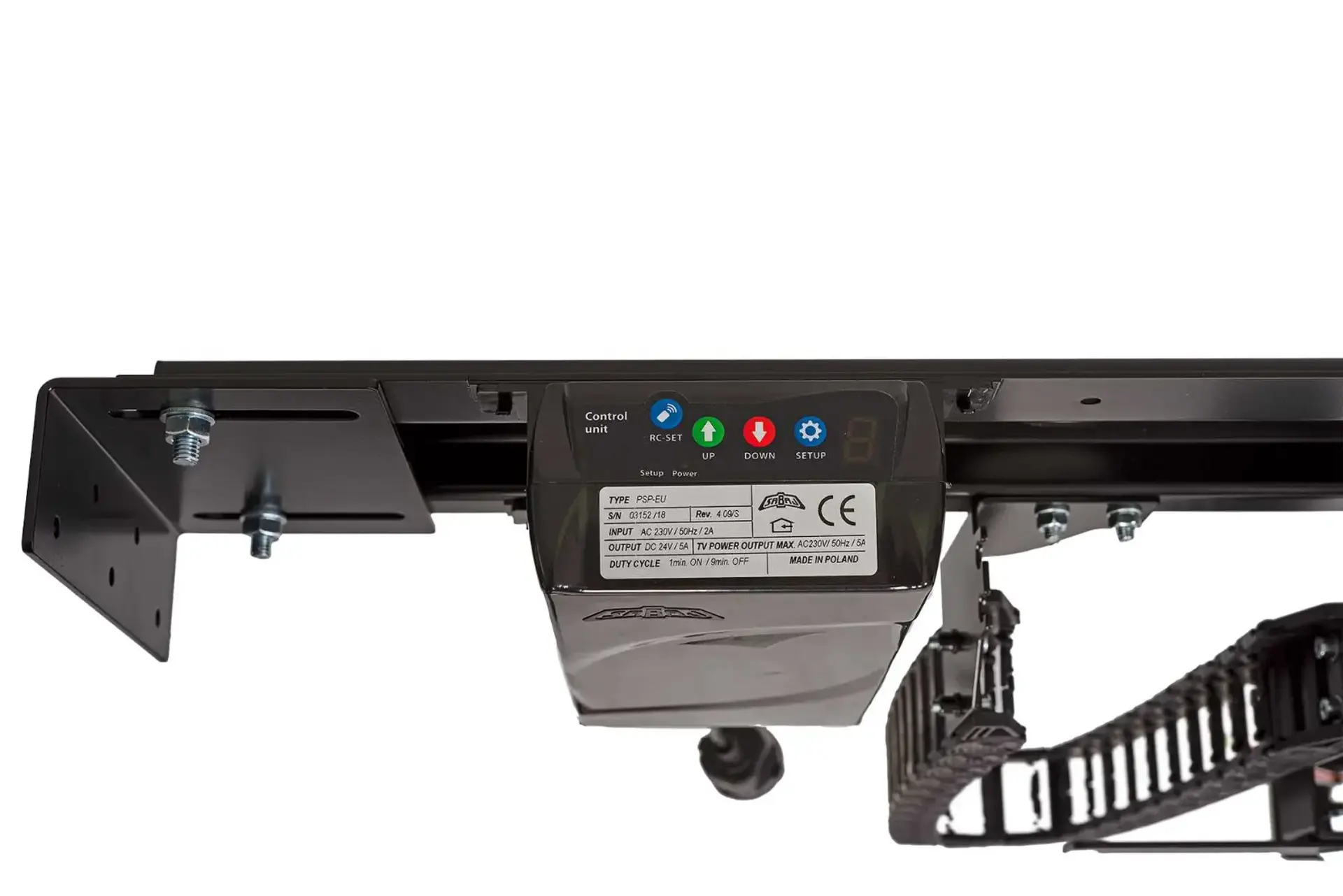 A TV lift control box mounted to a TV lift